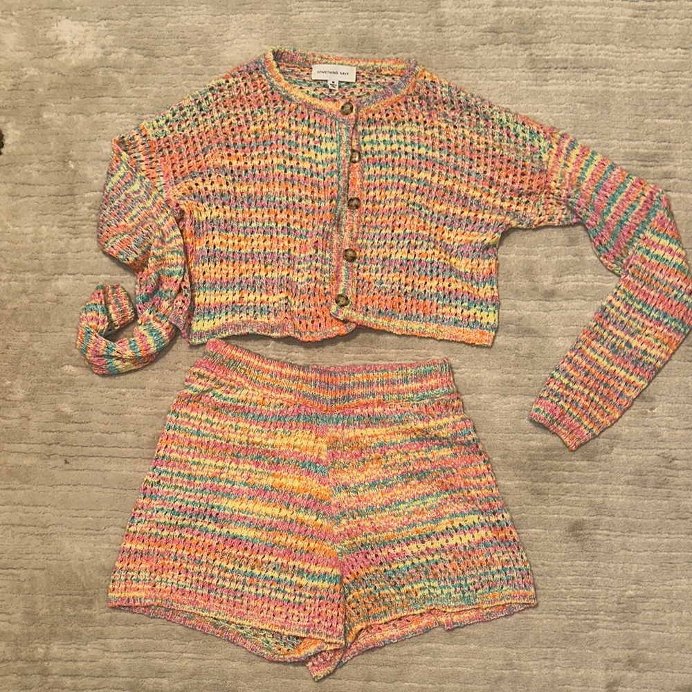 Something Navy Multicolor Knit Cardigan and Shorts